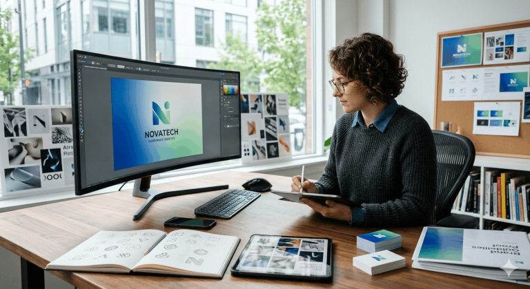Founders Box designer creating a modern brand development kit for a logistics firm