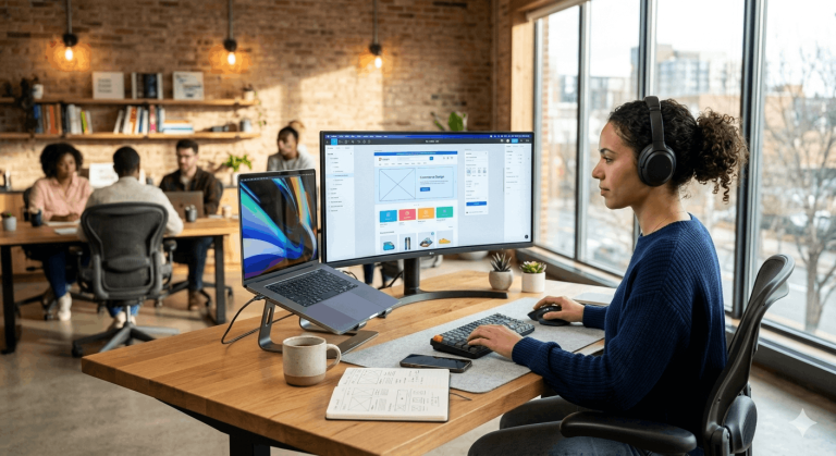 Modern 2026 workspace showing a designer working on Website Design Cape Town for a corporate client