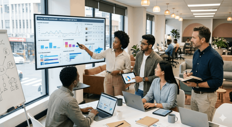 Founders Box team analyzing real-time engagement metrics for a Social Media Management Durban campaign.